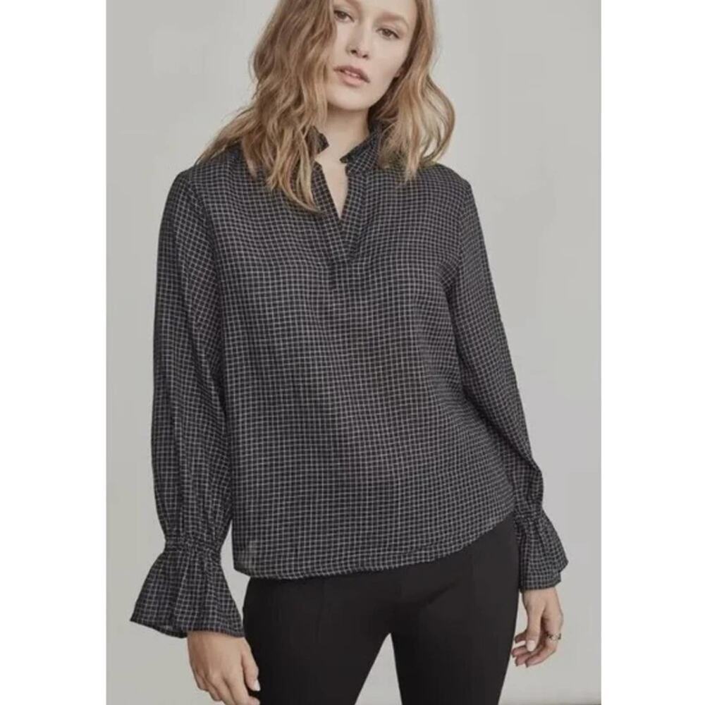 Elizabeth and James Black Grid Ruffle Blouse